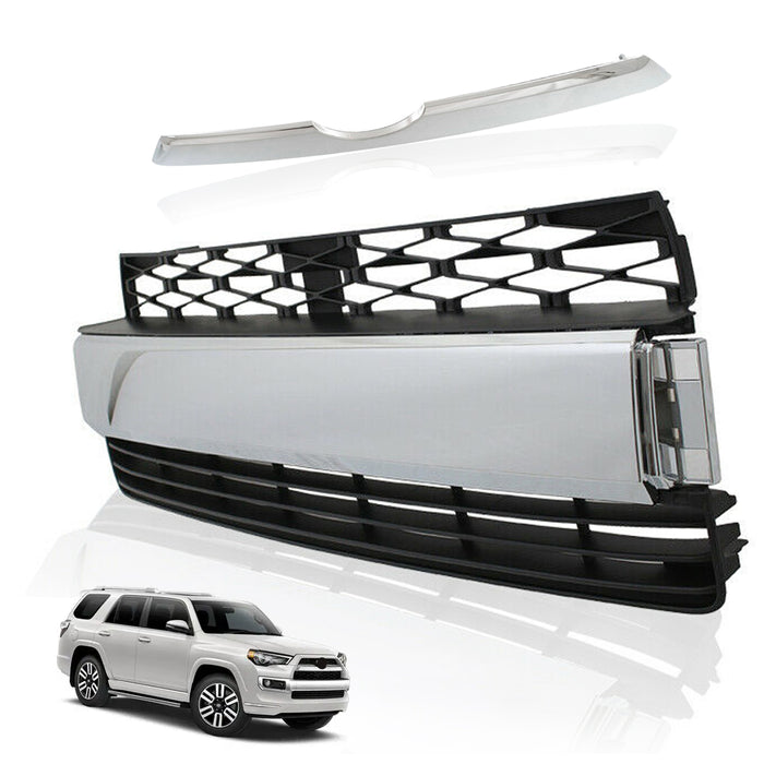 Front Bumper Lower Grille+Chrome Strip Trim Set for 14-20 Toyota 4Runner Limited