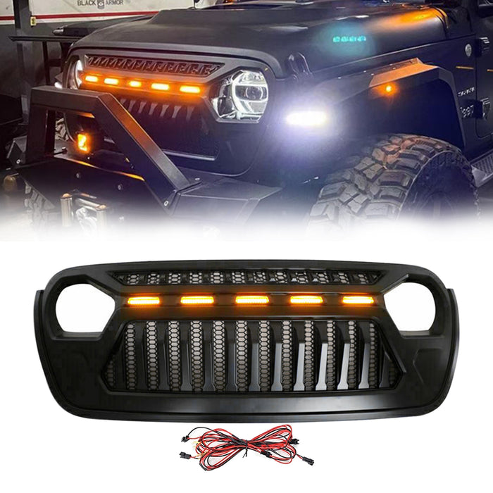 Front Mesh Grille with Amber Running Lights for 2018-2022 Jeep Wrangler JL JLU