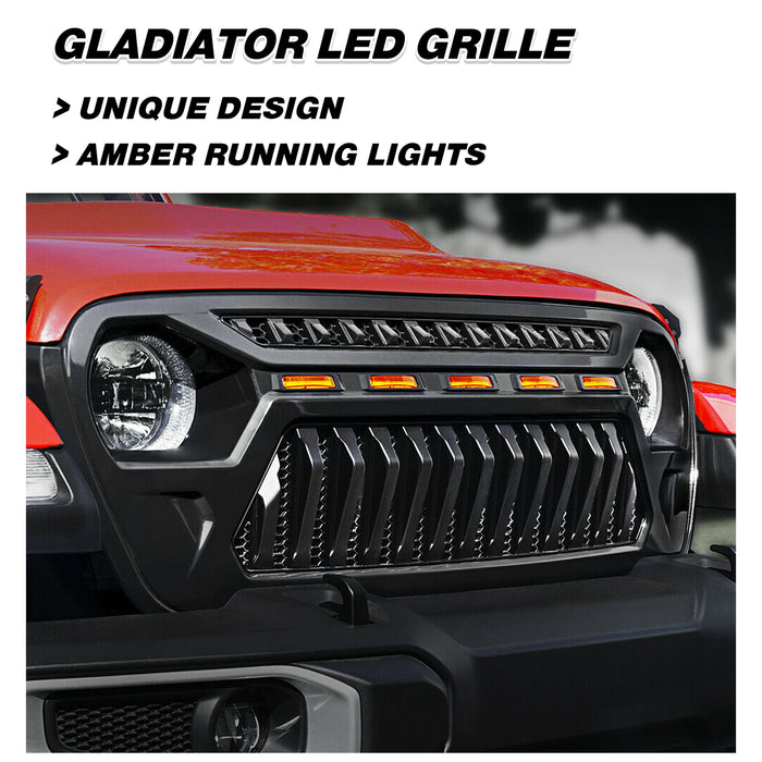 Front Mesh Grille with Amber Running Lights for 2018-2023 Jeep Wrangler JL JT