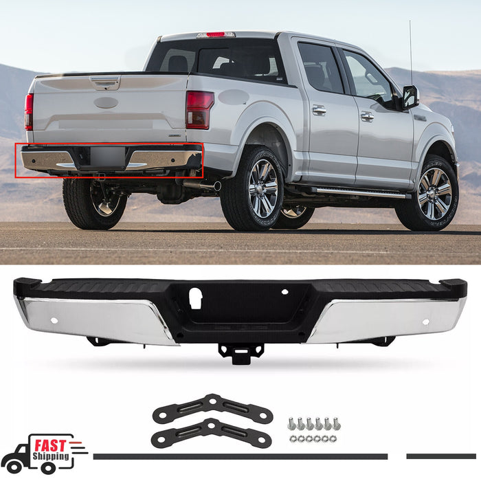 Chrome Rear Bumper for 2015-2019 Ford F150 F-150 W/ Heavy Duty Tow & Sensor Hole