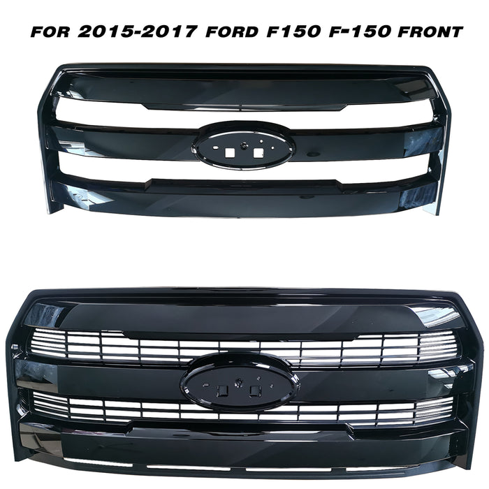 For 2015-2017 Ford F150 F-150 Front Upper Grille Grill W/O Camera Glossy Black