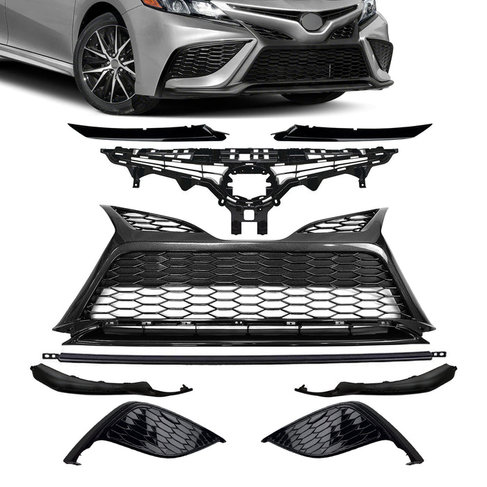 Fits 2021-2023 Toyota Camry SE Front Grille Black Trim Fog Light Bezel Set 9Pcs