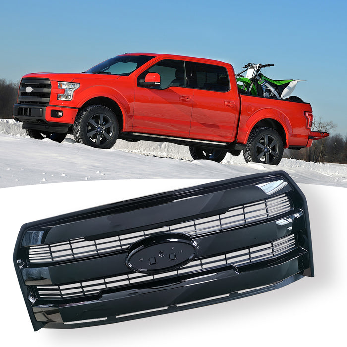 For 2015-2017 Ford F150 F-150 Front Upper Grille Grill W/O Camera Glossy Black