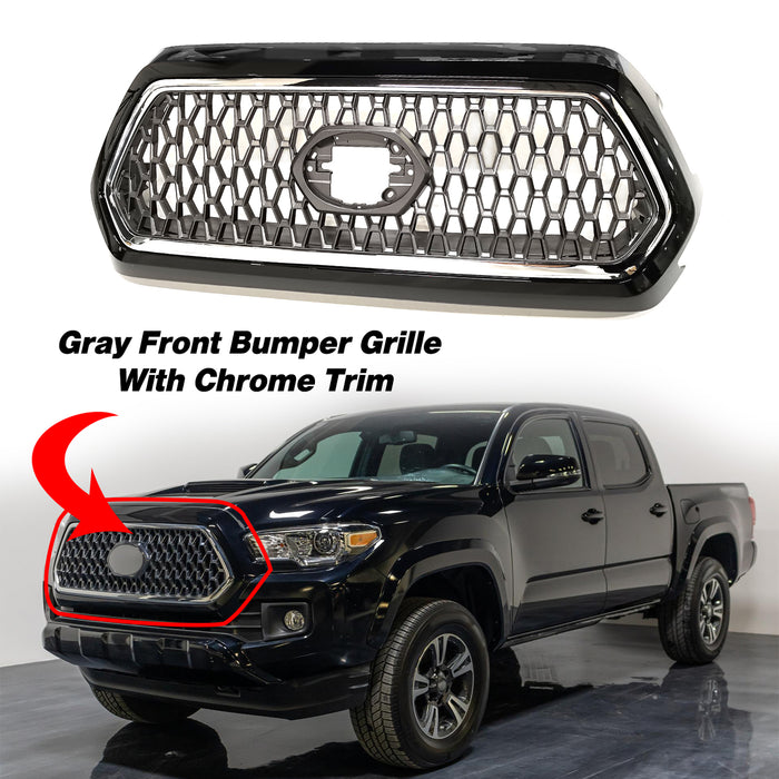 Front Bumper Grille Grill Gray with Chrome Trim for 2019-2023 Toyota Tacoma TRD