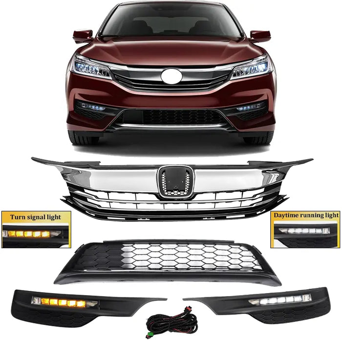 For 2016 2017 Honda Accord EX Front Bumper Upper & Lower Grille &LED FOG LIGHTS