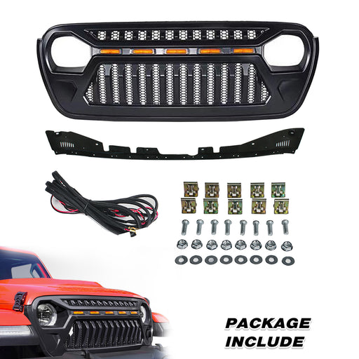 Front Mesh Grille with Amber Running Lights for 2018-2023 Jeep Wrangler JL JT