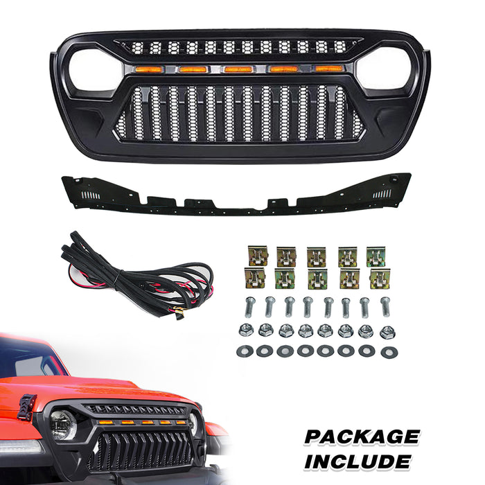 Front Mesh Grille with Amber Running Lights for 2018-2023 Jeep Wrangler JL JT