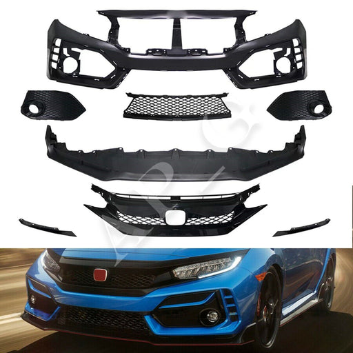 Type R Style Front Bumper Cover Kit W/ Grille & Lip Fit for Honda Civic 2016-21