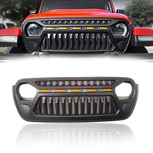 Front Mesh Grille with Amber Running Lights for 2018-2023 Jeep Wrangler JL JT