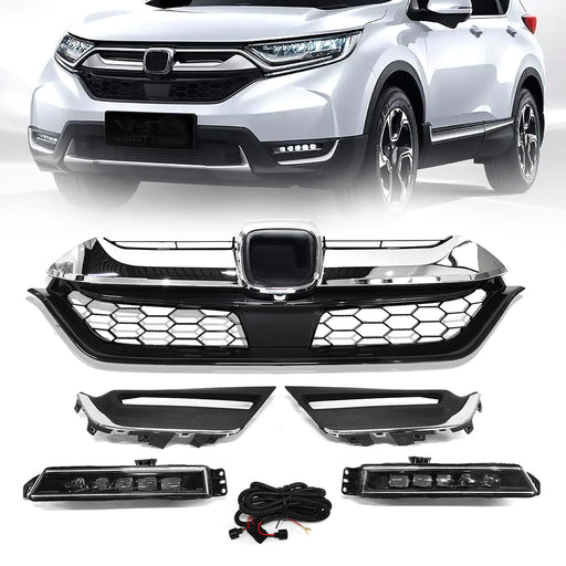 Front Guard Upper Honeycomb Grille Fog Lights Suit for 2017 2018 Honda CR-V CRV
