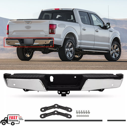 Chrome Rear Bumper for 2015-2019 Ford F150 F-150 W/ Heavy Duty Tow & Sensor Hole