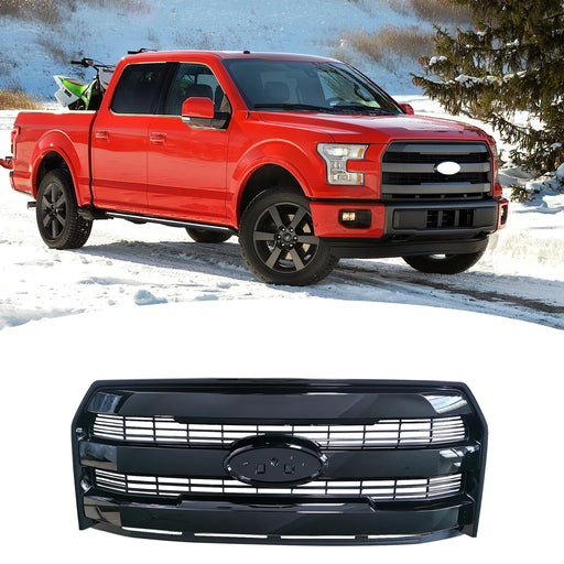For 2015-2017 Ford F150 F-150 Front Upper Grille Grill W/O Camera Glossy Black