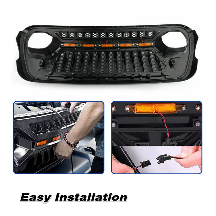 Front Mesh Grille with Amber Running Lights for 2018-2023 Jeep Wrangler JL JT