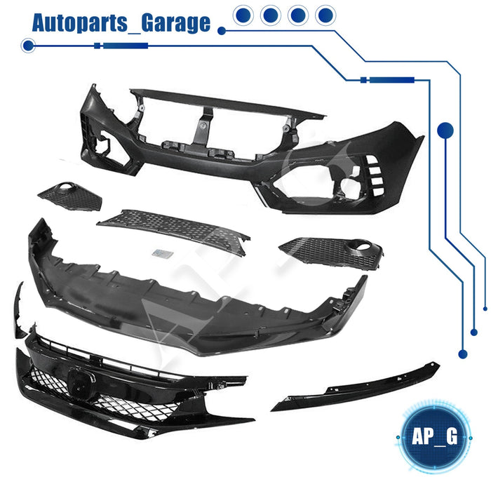 Type R Style Front Bumper Cover Kit W/ Grille & Lip Fit for Honda Civic 2016-21