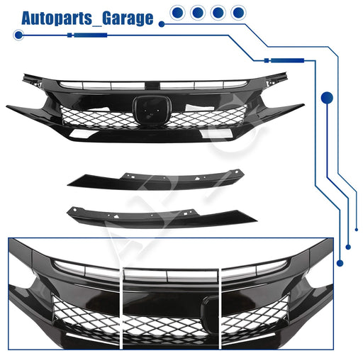 Type R Style Front Bumper Cover Kit W/ Grille & Lip Fit for Honda Civic 2016-21