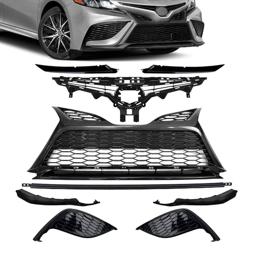 Fits 2021-2023 Toyota Camry SE Front Grille Black Trim Fog Light Bezel Set 9Pcs