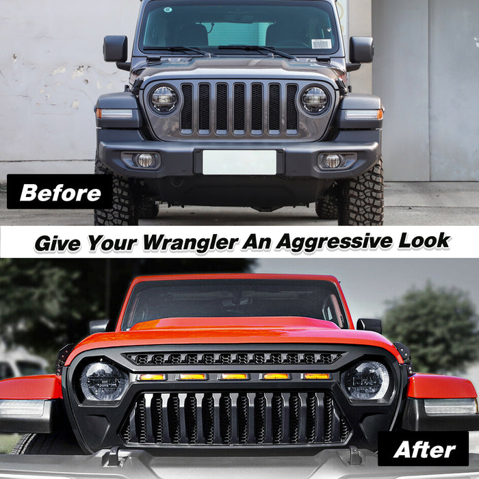 Front Mesh Grille with Amber Running Lights for 2018-2022 Jeep Wrangler JL JLU