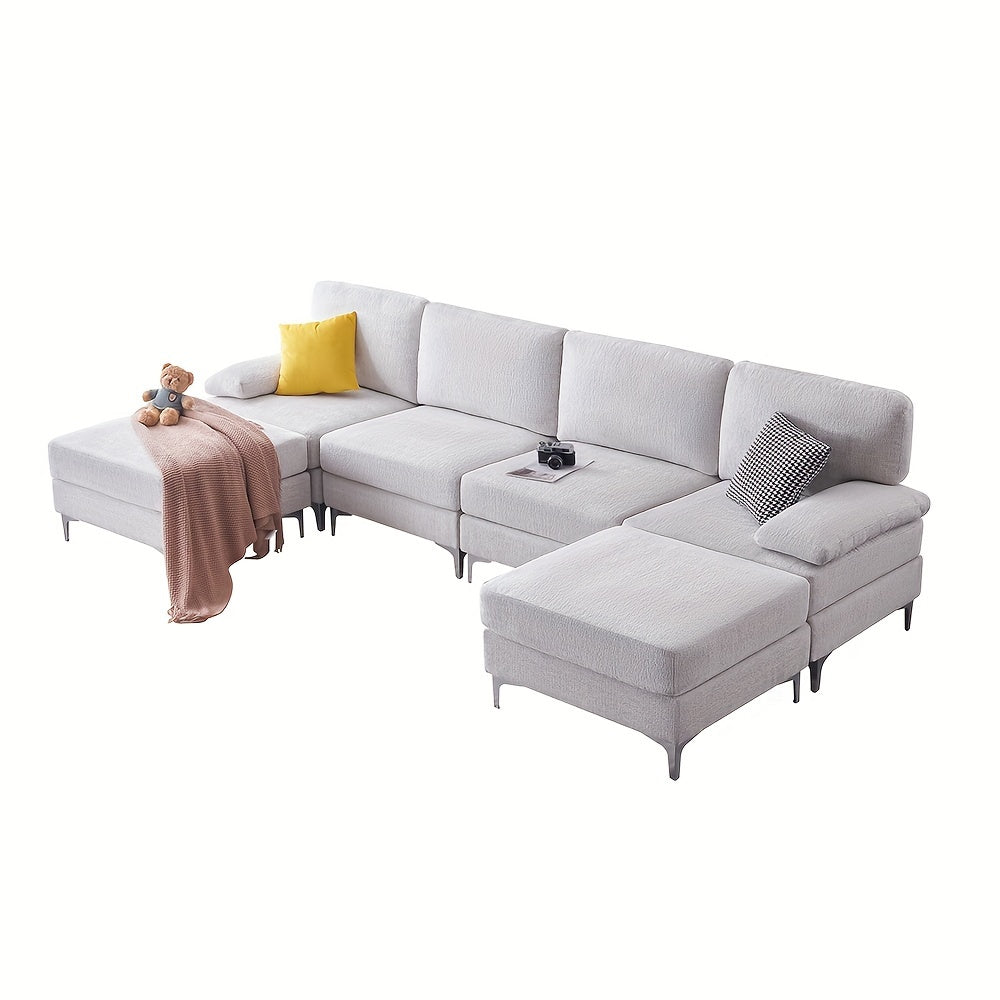 Sectional Sofa 6 Seater Modular Sectional Couches with Ottomans Sofa Bed for Living Room Cream Couch