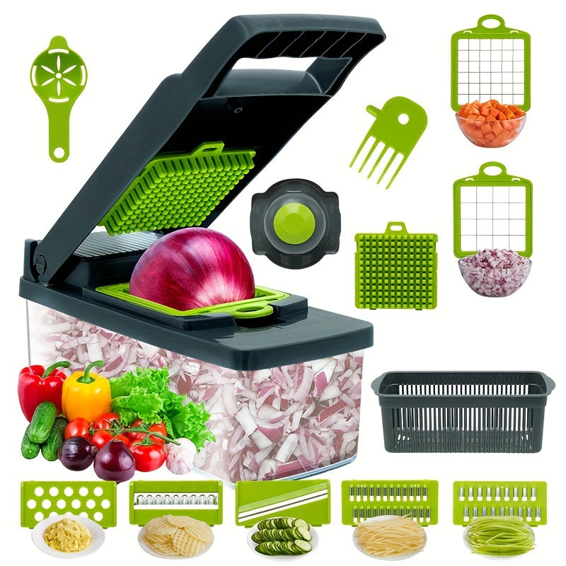 14pcsSet Vegetable Chopper Multifunctional Fruit Slicer Manual Food Grater Vegetable Slicer Cutter With Container Onion Mincer Chopper With Multiple Interchangeable Blades Household Potato Shredder Kitchen Stuff Kitchen Accessories