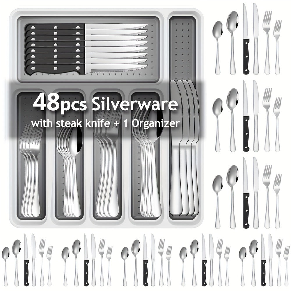 48Piece Mirror Finish Stainless Silverware Set with Organizer